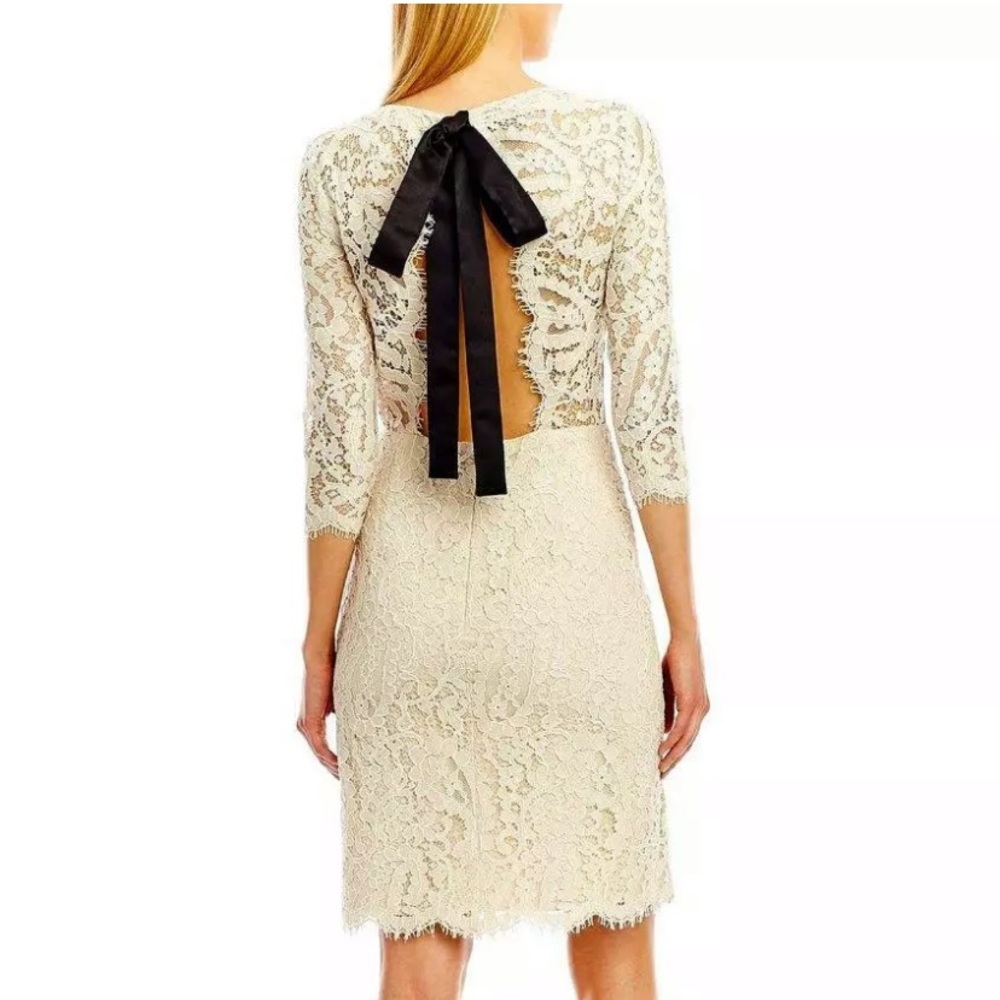 Nicole Miller Ivory Lace Sheath Dress Tie-Back